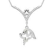 Newfoundland Necklace Head Design in V-Shaped Cubic Zirconia and Sterling Silver Chain with Pawprint.