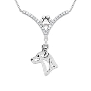 Rat Terrier Necklace Head Design in V-Shaped Cubic Zirconia and Sterling Silver Chain with Pawprint.