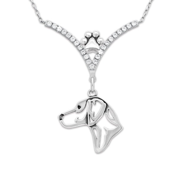 Rhodesian Ridgeback Necklace Head Design in V-Shaped Cubic Zirconia and Sterling Silver Chain with Pawprint.