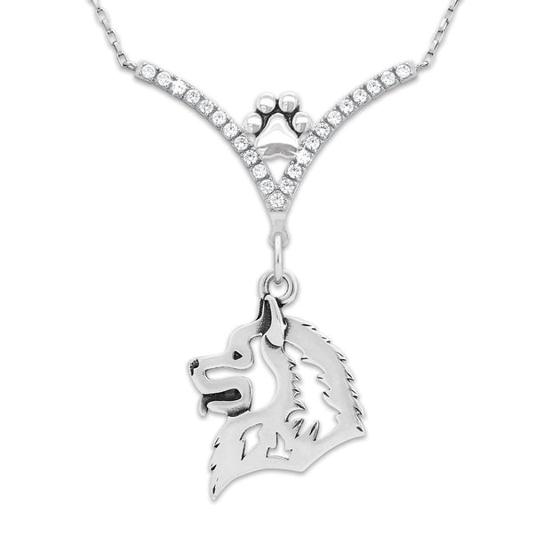 Samoyed Necklace Head Design in V-Shaped Cubic Zirconia and Sterling Silver Chain with Pawprint.