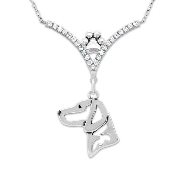 Vizsla Necklace Head Design in V-Shaped Cubic Zirconia and Sterling Silver Chain with Pawprint.