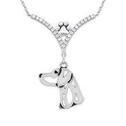 Weimaraner Necklace Head Design in V-Shaped Cubic Zirconia and Sterling Silver Chain with Pawprint.