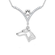 Whippet Necklace Head Design in V-Shaped Cubic Zirconia and Sterling Silver Chain with Pawprint.