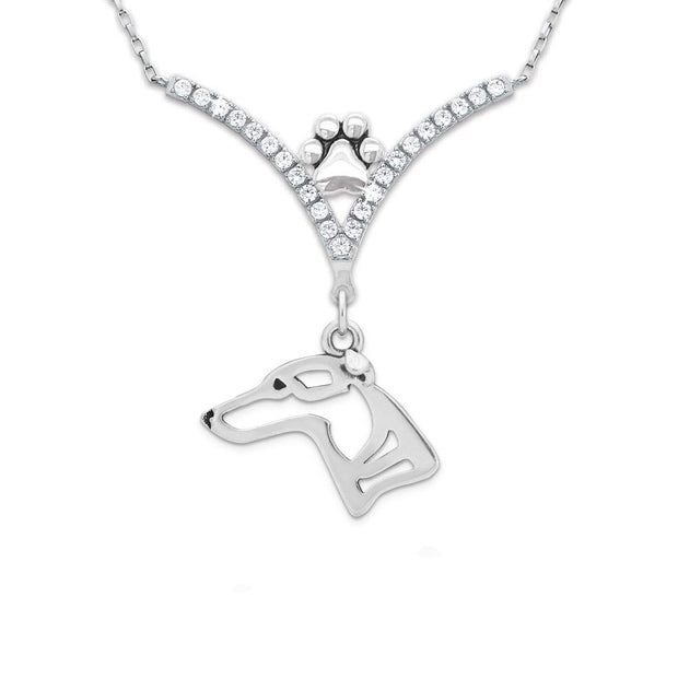 Whippet Necklace Head Design in V-Shaped Cubic Zirconia and Sterling Silver Chain with Pawprint.