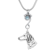 Longhaired Dachshund Necklace Head Design with Light Sapphire Crystal in Sterling Silver on Snake Chain.