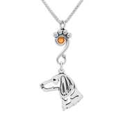 Longhaired Dachshund Necklace Head Design with Topaz Crystal in Sterling Silver on Box Chain.