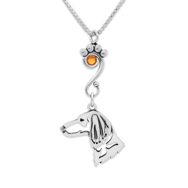 Longhaired Dachshund Necklace Head Design with Topaz Crystal in Sterling Silver on Box Chain.