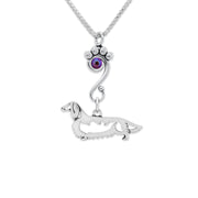 Longhaired Dachshund Necklace Body Design with Fuchsia Crystal in Sterling Silver on Box Chain.