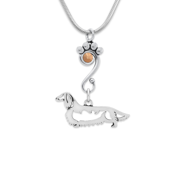 Longhaired Dachshund Necklace Body Design with Rose Gold Crystal in Sterling Silver on Snake Chain.