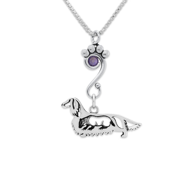 Longhaired Dachshund Necklace Body Design with Badger with Tanzanite Crystal in Sterling Silver on Box Chain.