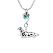 Longhaired Dachshund Necklace Body Design with Badger with Teal Crystal in Sterling Silver on Snake Chain.