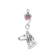 Longhaired Dachshund Pendant Head Design with Rose Crystal in Sterling Silver.