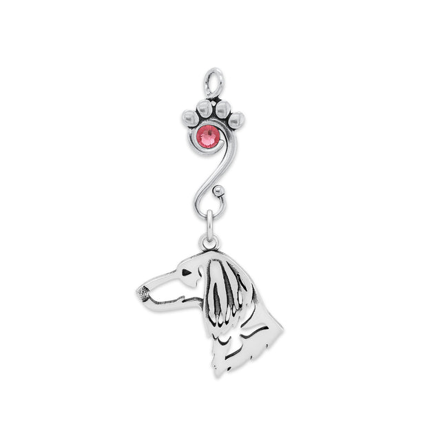 Longhaired Dachshund Pendant Head Design with Rose Crystal in Sterling Silver.