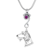 Wirehaired Dachshund Necklace Head Design with Amethyst Crystal in Sterling Silver on Snake Chain.