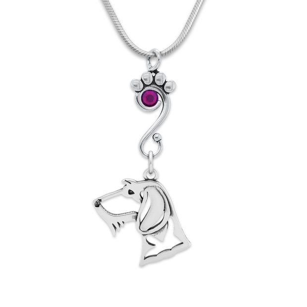 Wirehaired Dachshund Necklace Head Design with Amethyst Crystal in Sterling Silver on Snake Chain.