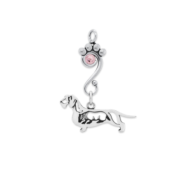 Wirehaired Dachshund Pendant Body Design with Badger and Light Amethyst Crystal in Sterling Silver.