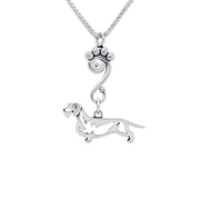 Wirehaired Dachshund Necklace Body Design with Crystal in Sterling Silver on Box Chain.