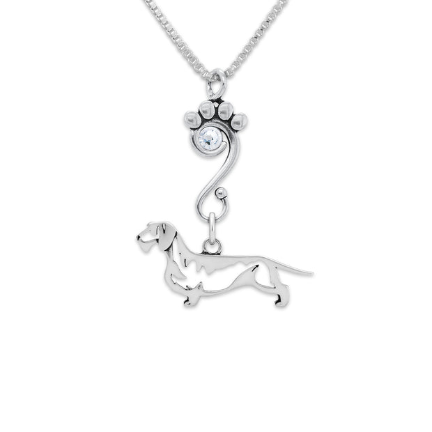 Wirehaired Dachshund Necklace Body Design with Crystal in Sterling Silver on Box Chain.