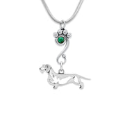 Wirehaired Dachshund Necklace Body Design with Emerald Crystal in Sterling Silver on Snake Chain.