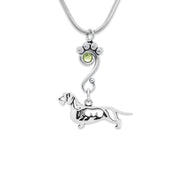 Wirehaired Dachshund Necklace Body Design with Badger and Peridot Crystal in Sterling Silver on Snake Chain.