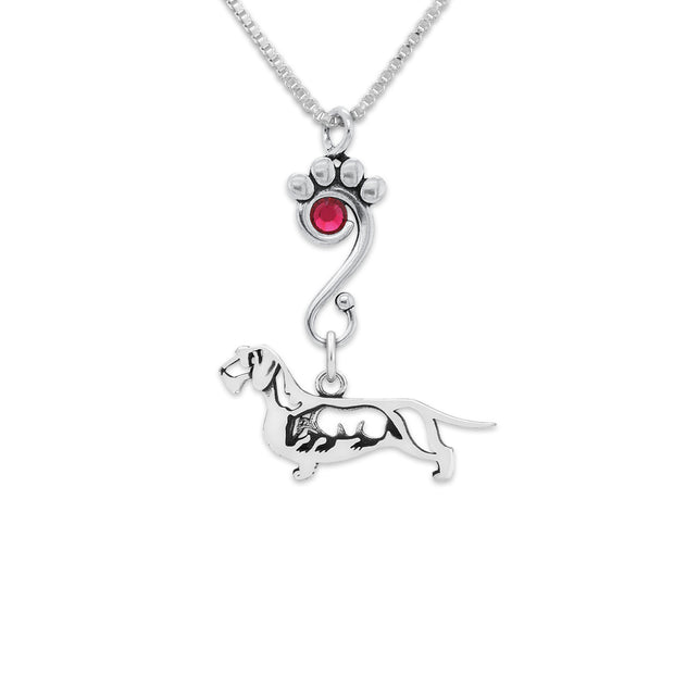 Wirehaired Dachshund Necklace Body Design with Badger and Ruby Crystal in Sterling Silver on Box Chain.