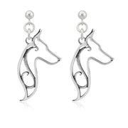 Doberman Pinscher Earrings Head Design in Sterling Silver in Dangle Post.