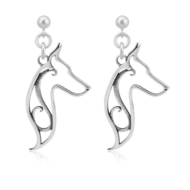 Doberman Pinscher Earrings Head Design in Sterling Silver in Dangle Post.