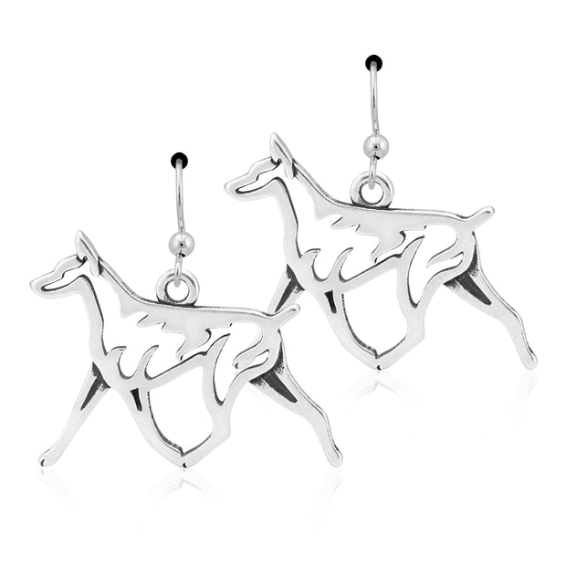 Doberman Pinscher Earrings Gaiting Body Design in Sterling Silver in French Hook.