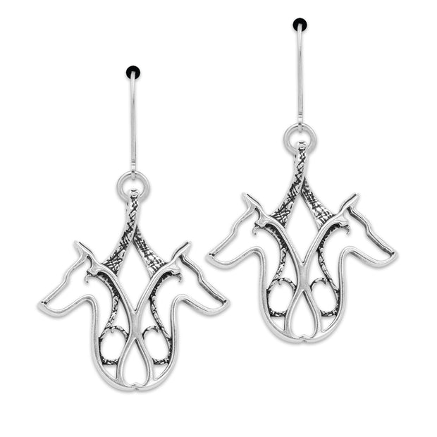 Doberman Pinscher Earrings Double Head Design in Sterling Silver in Leverback.