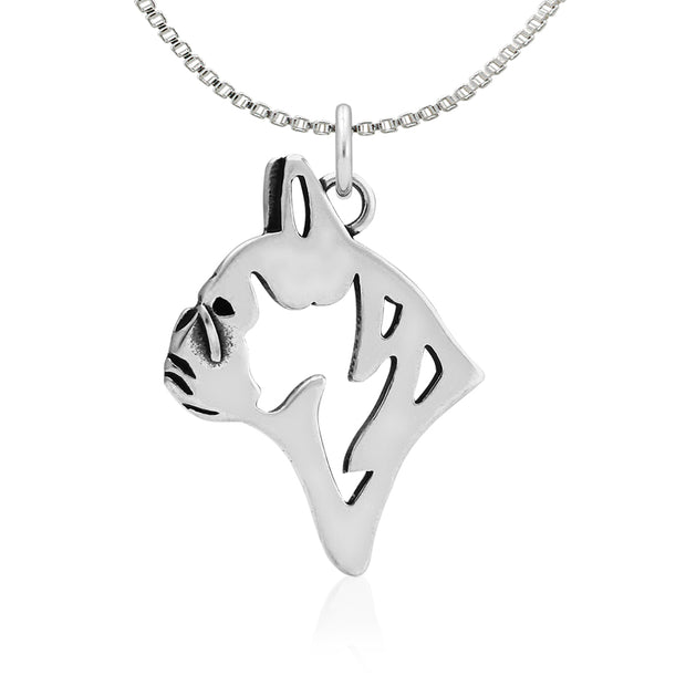 French Bulldog Necklace Head Design in Sterling Silver on Box Chain.