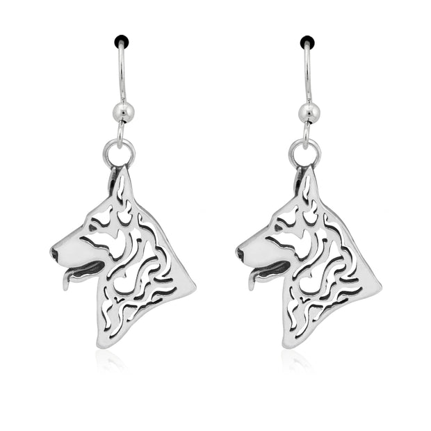 German Shepherd Earrings Head Design in Sterling Silver in French Hook.