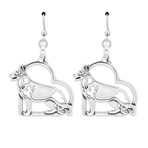 German Shepherd Heart Earrings in Sterling Silver in French Hook.