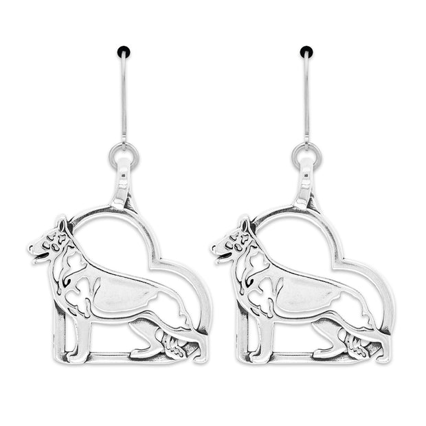 German Shepherd Heart Earrings in Sterling Silver in Leverback.