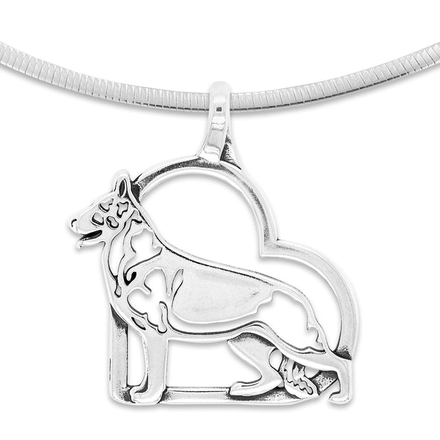 German Shepherd Heart Necklace in Sterling Silver on Snake Chain.