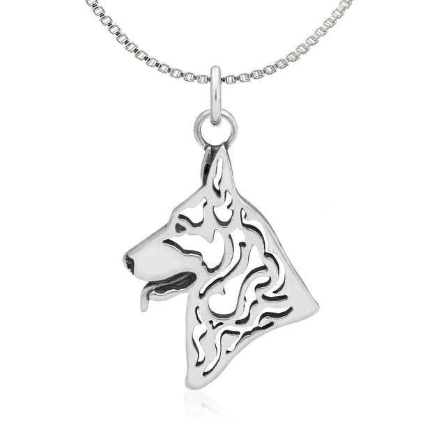 German Shepherd Necklace Head Design in Sterling Silver on Box Chain.