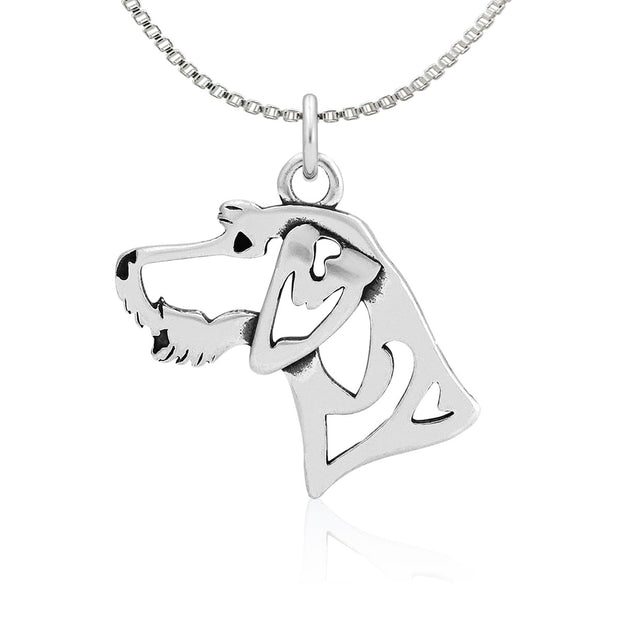 German Wirehaired Pointer Necklace Head Design in Sterling Silver on Box Chain.