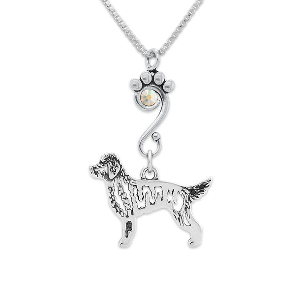 Goldendoodle Necklace Body Design with Aurora Borealis Crystal in Sterling Silver on Box Chain.