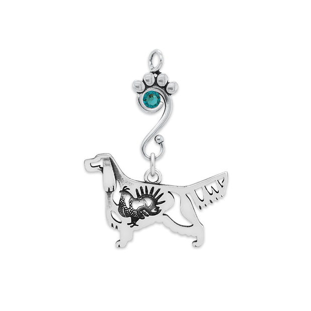 Gordon Setter Pendant Body Design with Grouse with Teal Crystal in Sterling Silver.