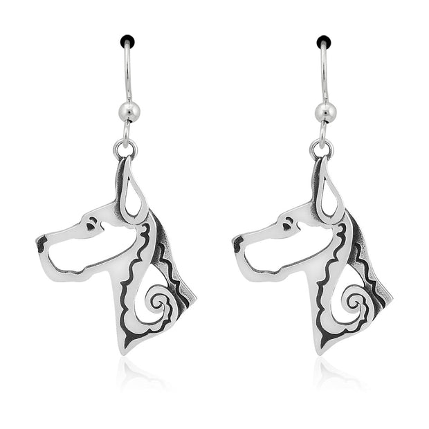 Great Dane Earrings Head Design with Cropped Ears in Sterling Silver in French Hook.