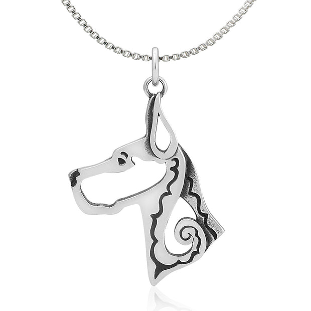 Great Dane Necklace Head Design with Cropped Ears in Sterling Silver on Box Chain.