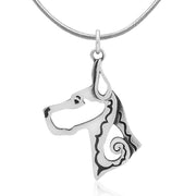 Great Dane Necklace Head Design with Cropped Ears in Sterling Silver on Snake Chain.