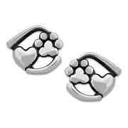 Paw Print and Heart Post Earrings in Sterling Silver.