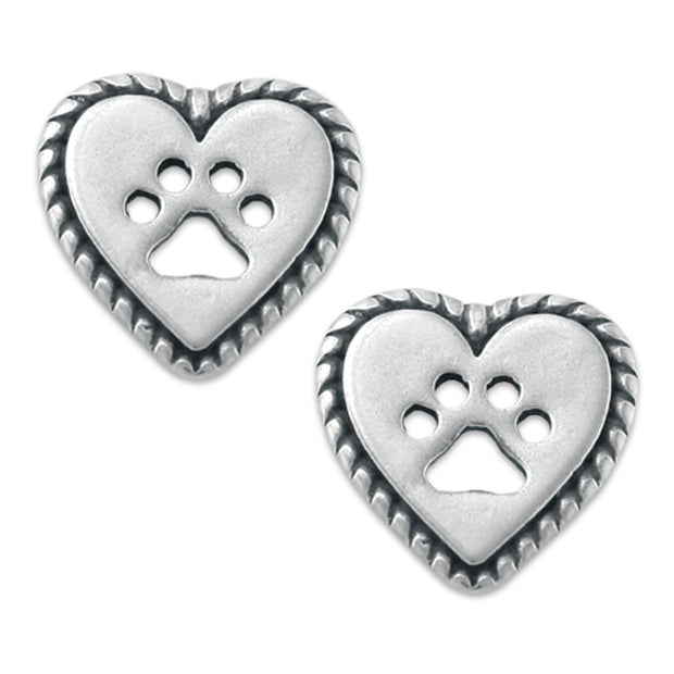 Heart with Paw Print Cut Out Post Earrings in Sterling Silver.