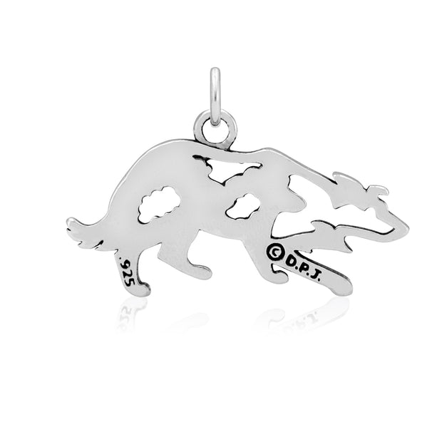 Border Collie Pendant Crouching Body Design with Sheep in Sterling Silver Back Side View.