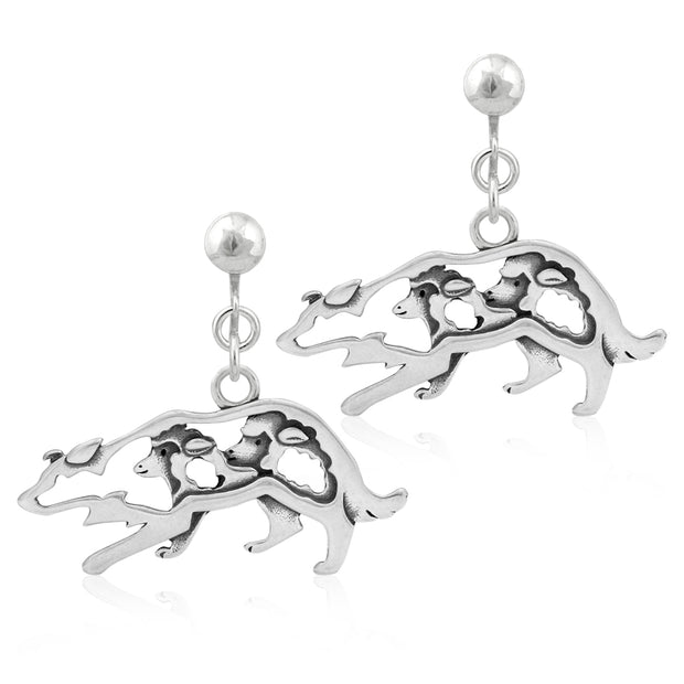 Border Collie Clip-On Earrings Crouching Body Design with Sheep in Sterling Silver.