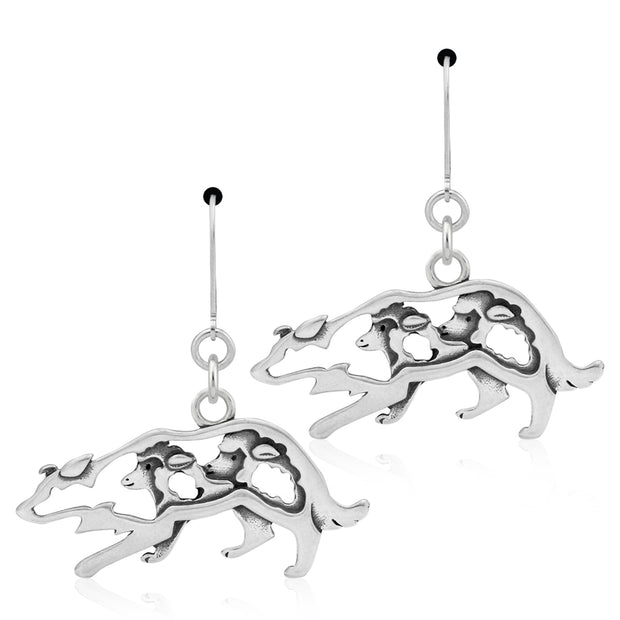 Border Collie Earrings Crouching Body Design with Sheep in Sterling Silver in Leverback.