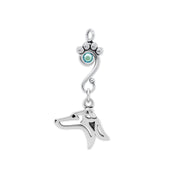 Italian Greyhound Pendant Head Design with Aquamarine Crystal in Sterling Silver.