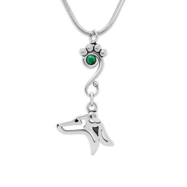 Italian Greyhound Necklace Head Design with Emerald Crystal in Sterling Silver on Snake Chain.