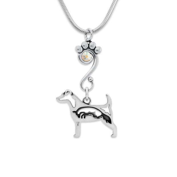 Jack Russell Terrier Necklace Body Design with Fox with Aurora Borealis Crystal in Sterling Silver on Snake Chain.