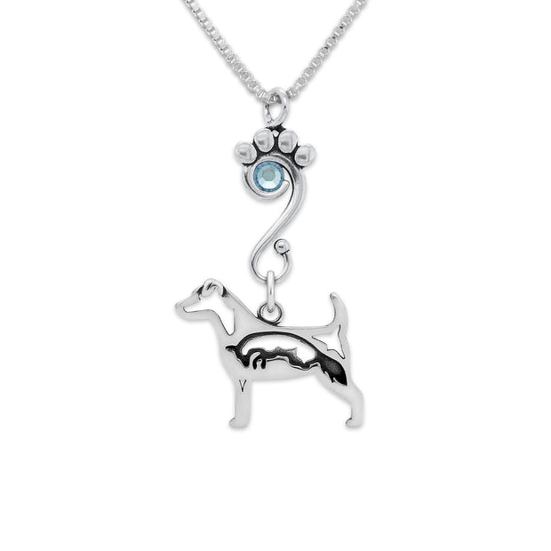 Jack Russell Terrier Necklace Body Design with Fox with Light Sapphire Crystal in Sterling Silver on Box Chain.